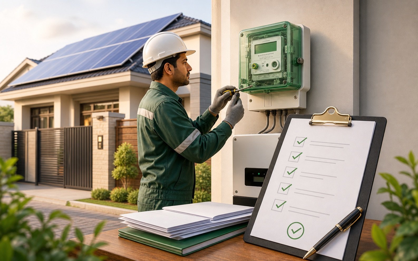 Installer checking a green bidirectional meter beside a DISCO application checklist