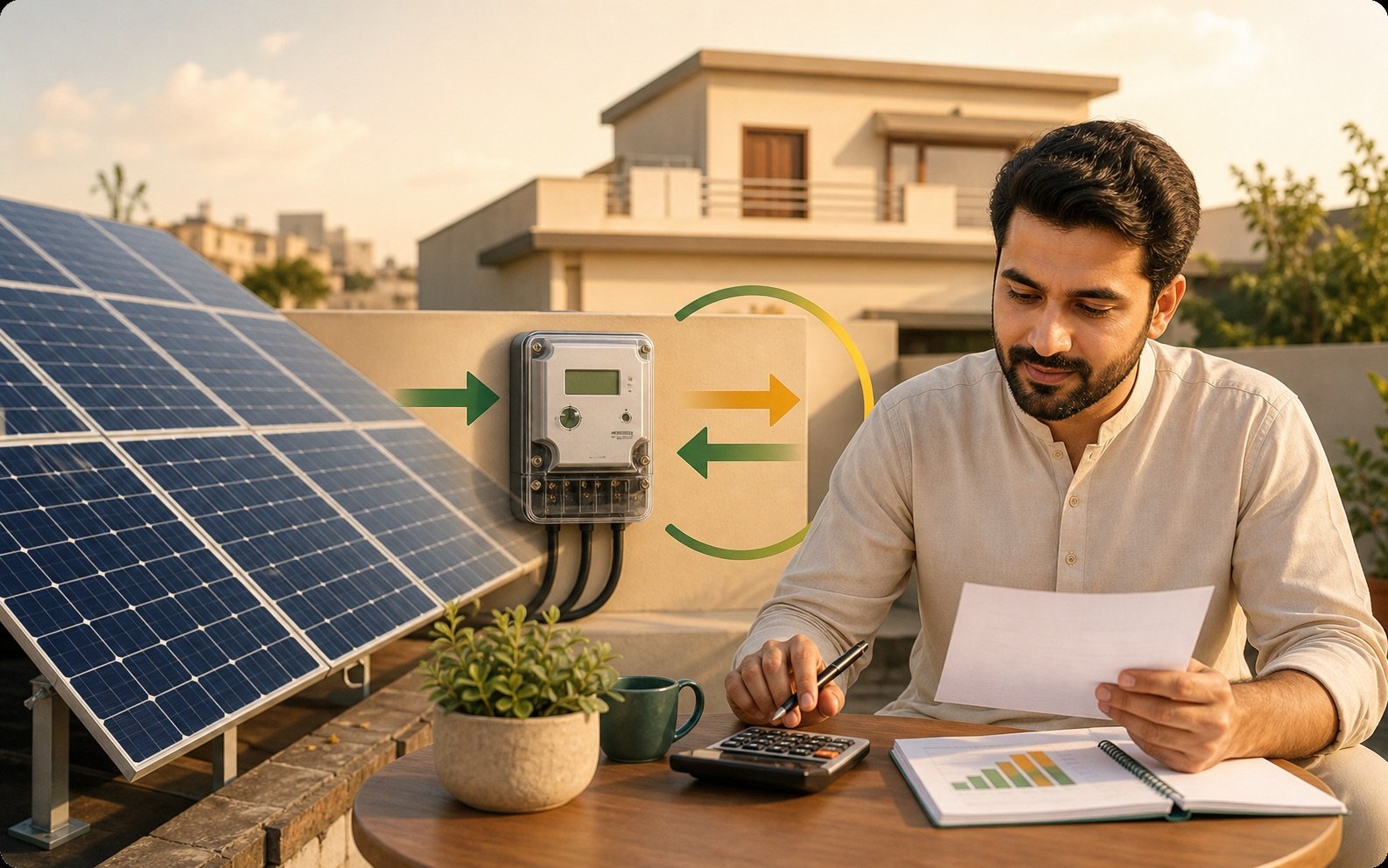 Pakistani rooftop solar panels, a bidirectional meter, and net billing arrows
