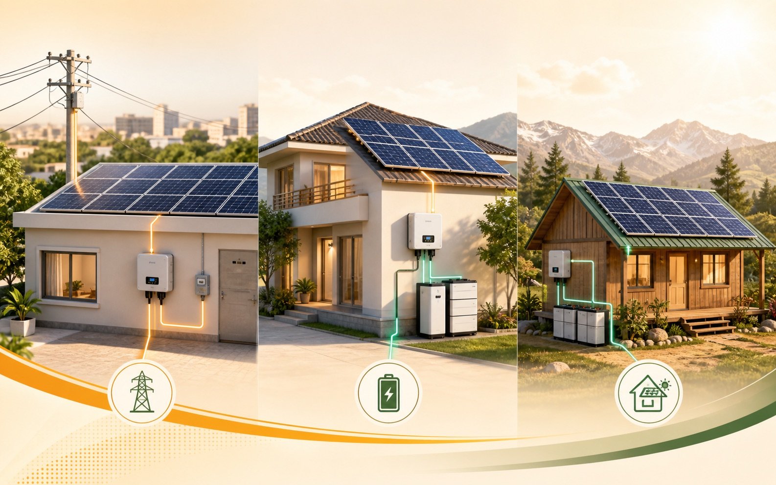 Three Pakistani solar homes showing on-grid, hybrid, and off-grid system layouts