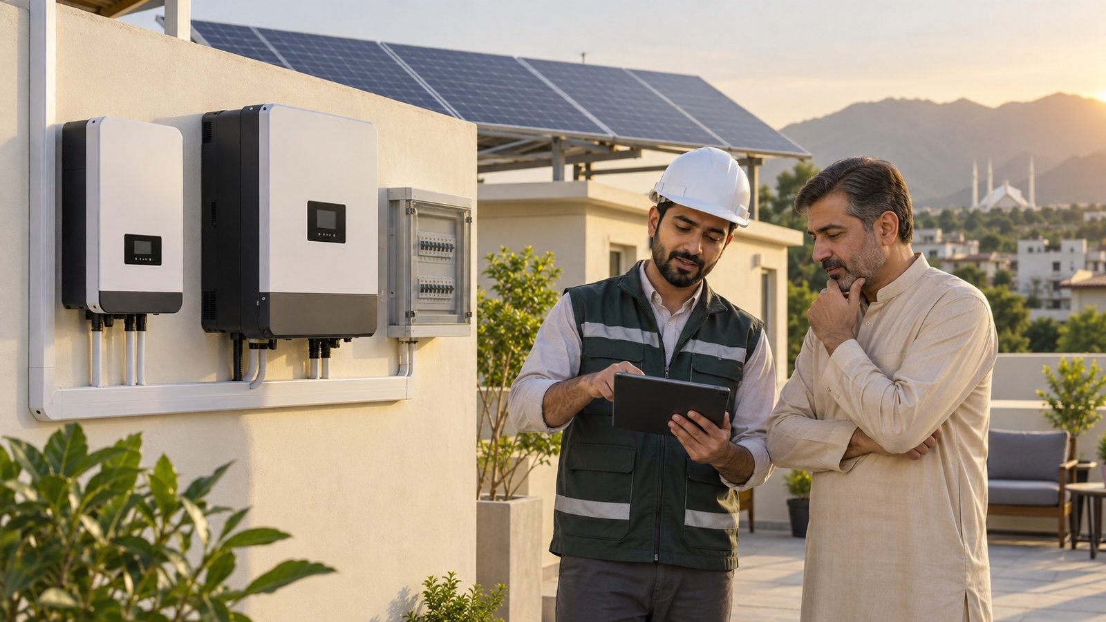 Pakistani homeowner and solar engineer comparing hybrid and on-grid inverter specifications