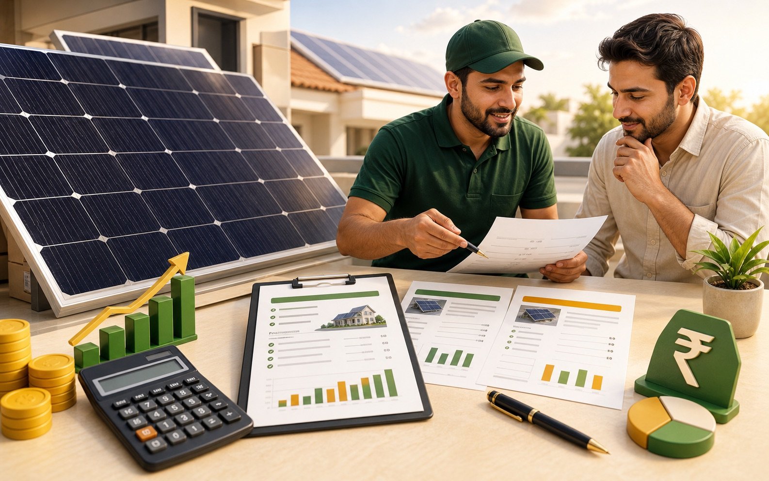 Solar panels, calculator, and quote sheets for comparing per-watt panel prices